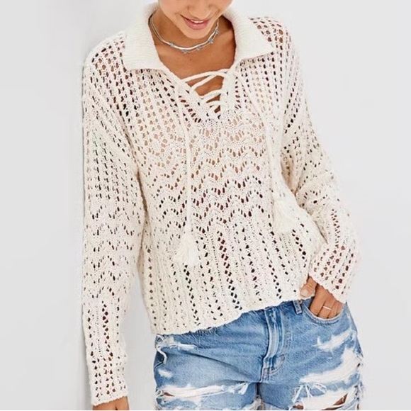 NEW American Eagle Crochet Long Sleeve Top Size Large NWT Lace Up Boho Beach - Picture 1 of 6